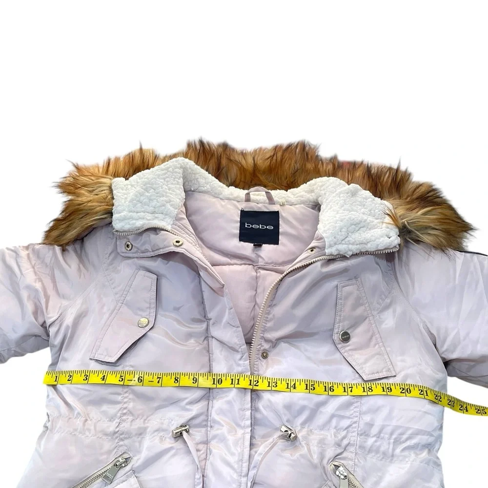 bebe Women's Heavyweight Insulated Long Length Parka Jacket Faux Fur Hood Size L - Picture 11 of 13